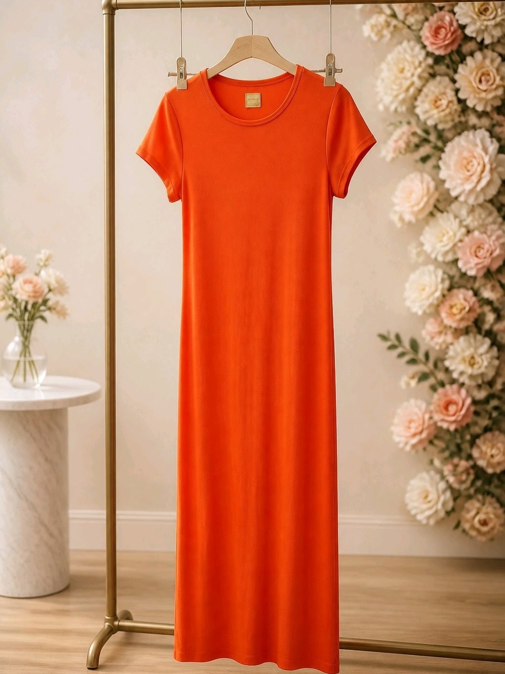 Women's Orange Short-Sleeve Maxi Dress, Size M